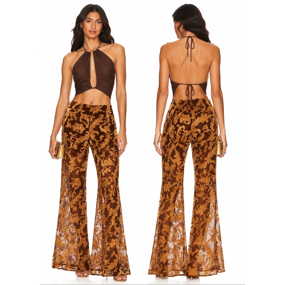 New! L'Academie Brown Gold Baroque Flocked Flare Pants Small